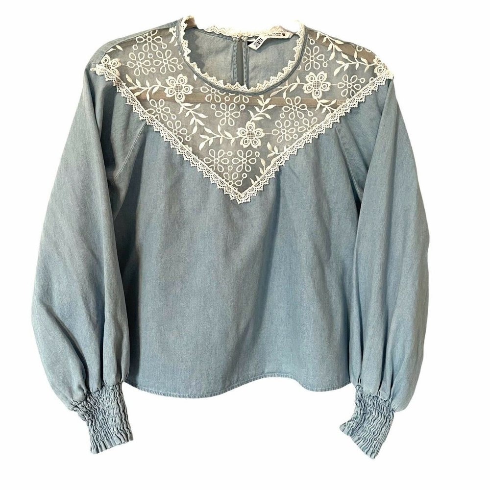 Zara Chambray Prairie Lace Insert Top Light Blue M